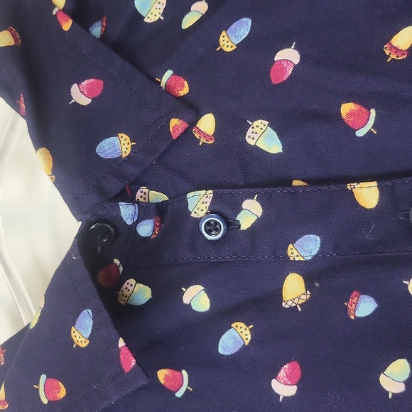 TALBOTS Blue with Multicolored Acorn Print Roll-Tab Sleeves Cotton Blouse - Picture 4 of 14